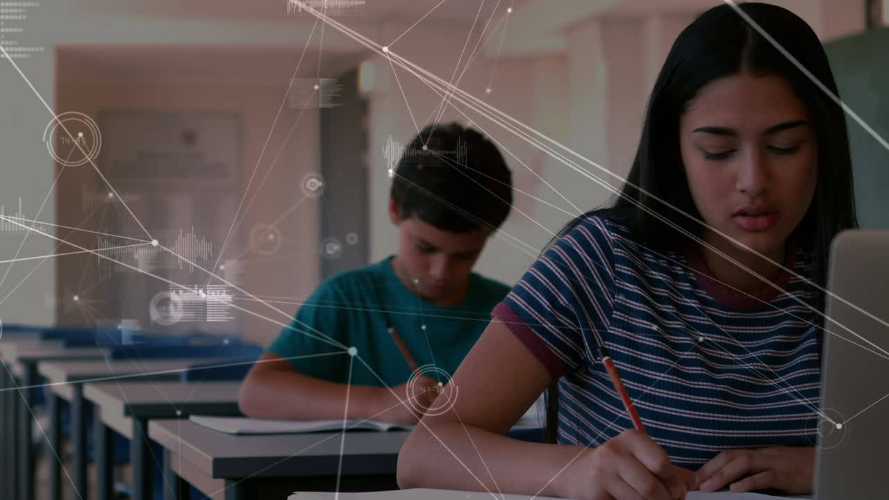 red de conexiones y procesamiento de datos contra niños y niñas diversos que estudian en la escuela