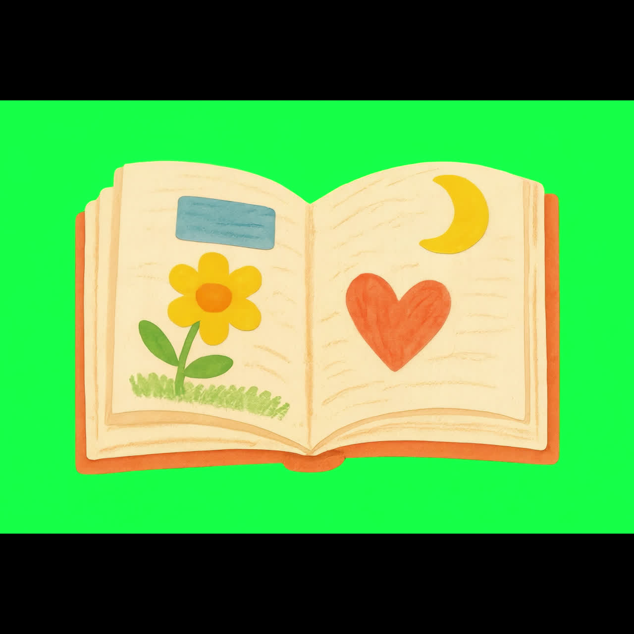 Whimsical illustrated open book animation isolated asset, transparent 4K video, alpha channel