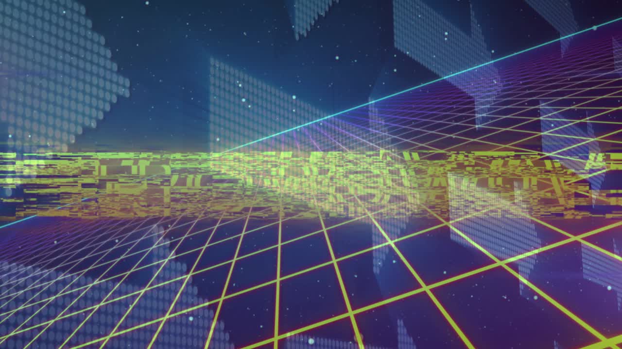 그리드와 여러 개의 떠다니는 화살표 위의 레트로웨이브 텍스트의 애니메이션