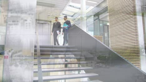 animation of traffic over business people talking in modern office
