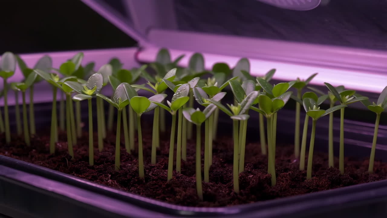 Young Seedlings Growing in a Tray Under a Grow Light