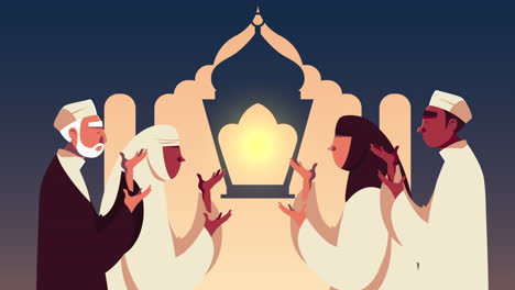 ramadan kareem animation with muslim people praying and temple silhouette