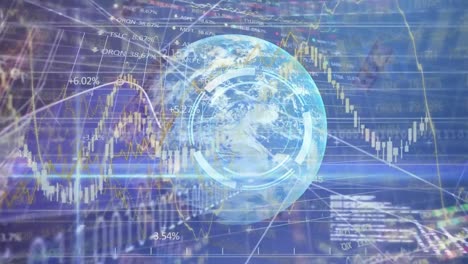 animación del escaneo de alcance sobre el procesamiento de datos financieros sobre el globo y los dólares.