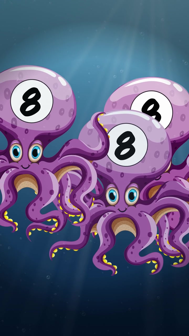 Polpi in stile cartone animato con teste a forma di numero otto galleggiano attraverso l'acqua blu illuminata dal sole in un loop verticale.