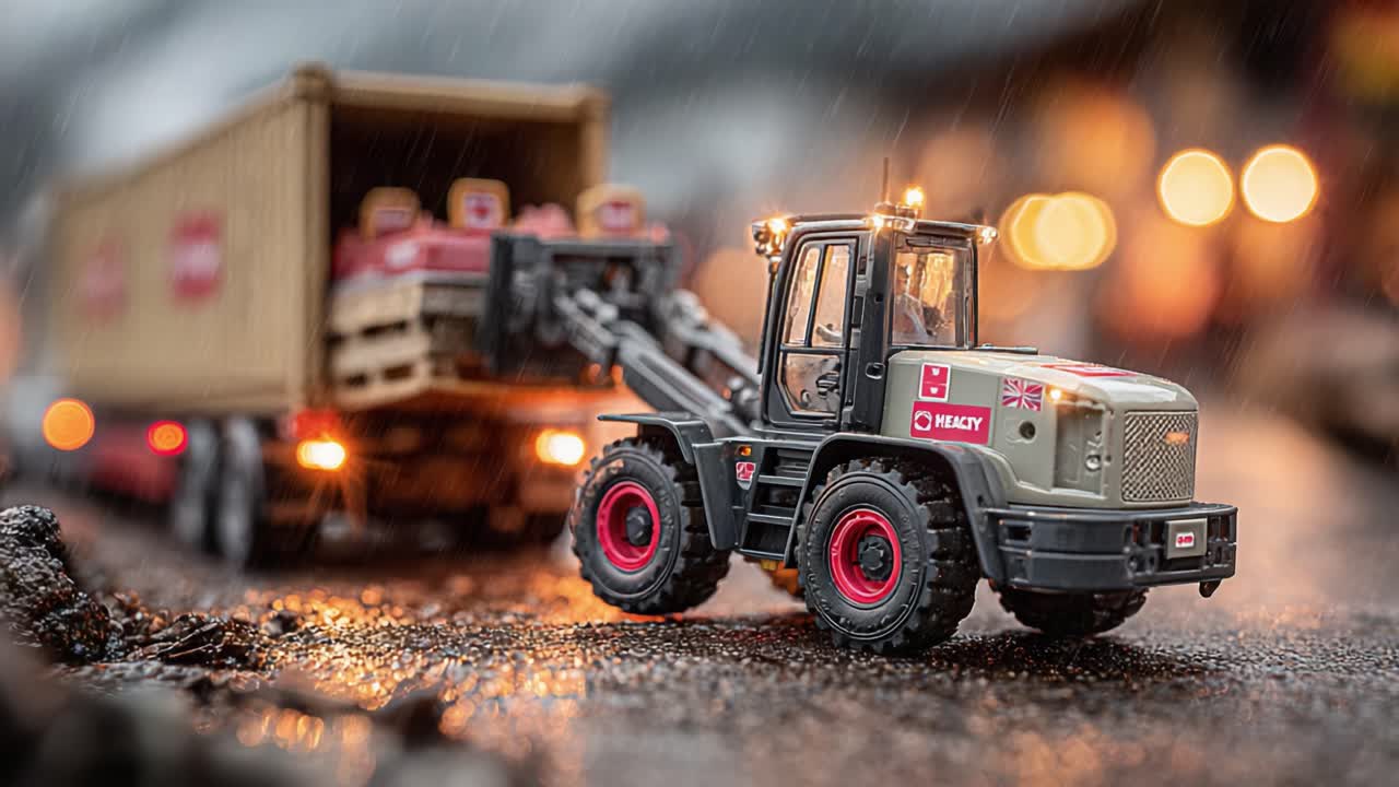 Realistic Model of a Loader Vehicle Transporting Containers During Rainy Conditions with Blurry Background and Glowing Lights Enhancing the Scene's Atmosphere
