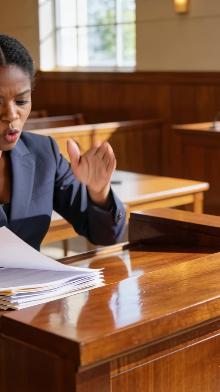 Vertical video: Delivering lawyer in navy suit counting two flipping docs after case call in court
