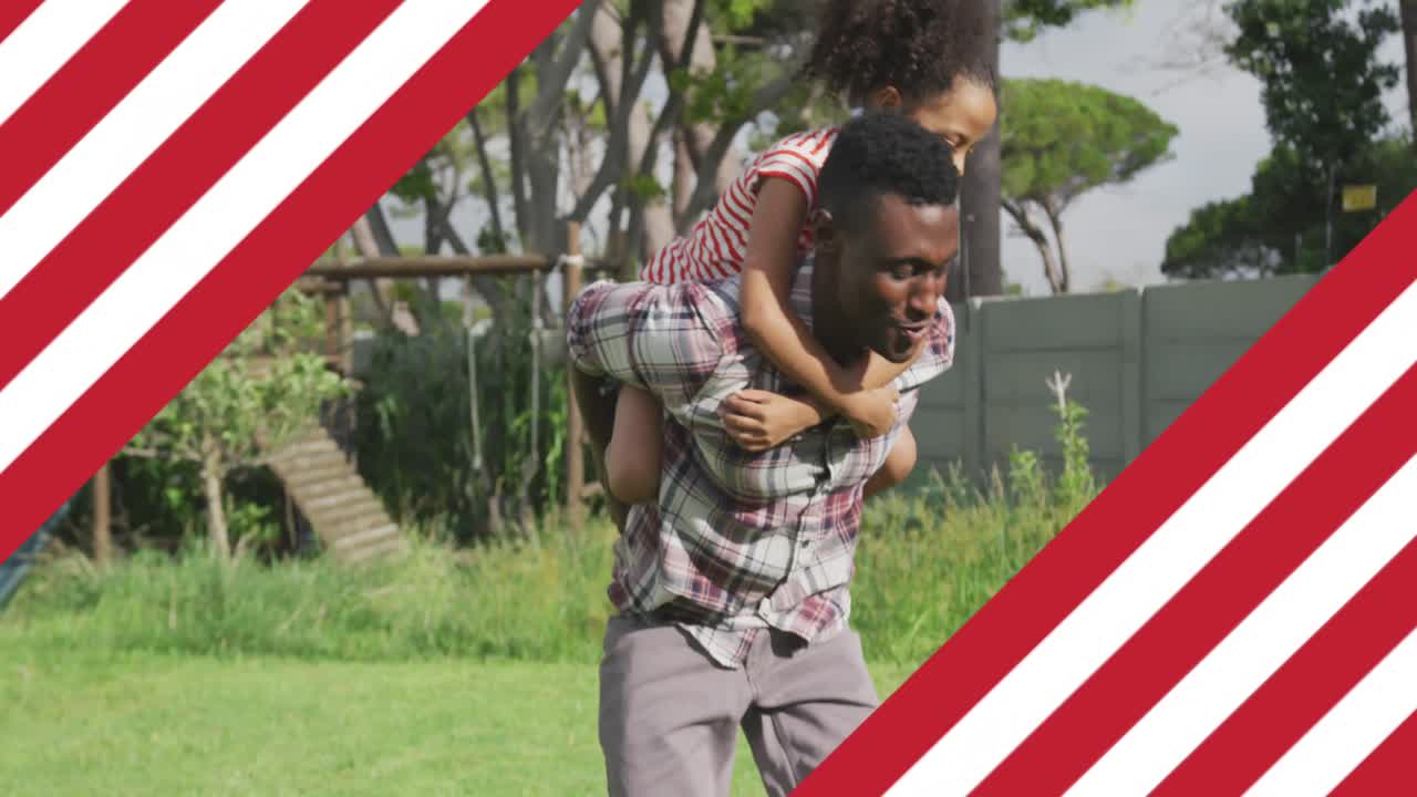 Animation of flag of united states of america over african american father and daughter having fun