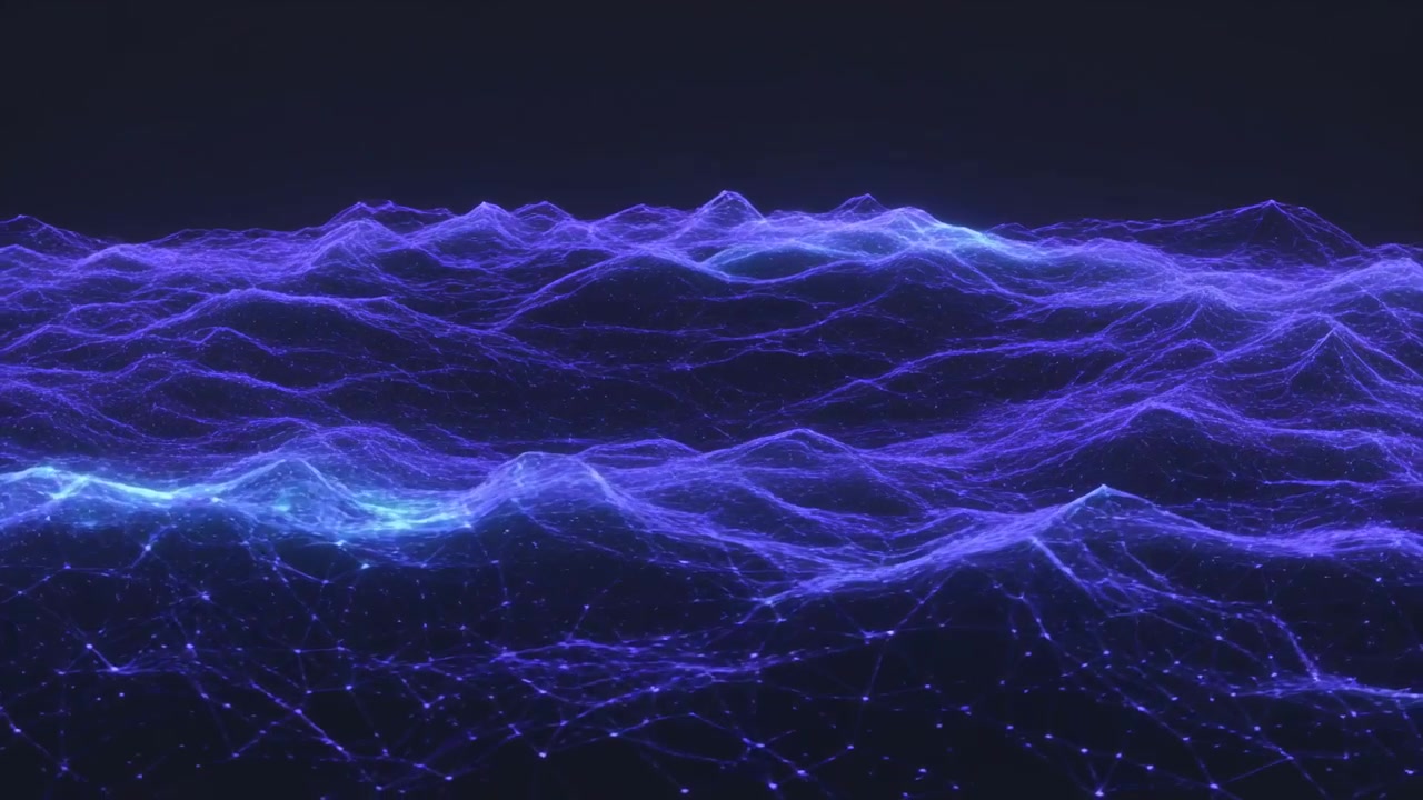 Starting playback, mesh waves shifting in digital void, particles and cyan highlights showing data