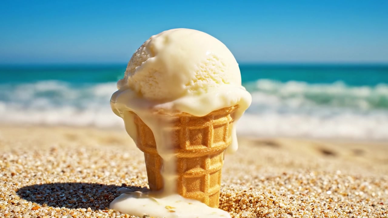 Heerlijk smeltend ijshoorntje op een zonovergoten strand met oceaanachtergrond, dat de zoete essentie van zomerse lekkernijen te midden van zanderige gelukzaligheid vastlegt.