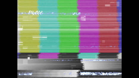 animation of play text over retro colour test screen with glitch