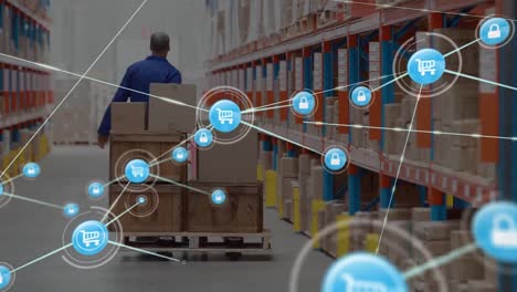 network of digital icons against rear view of senior male worker pulling a pallet at warehouse