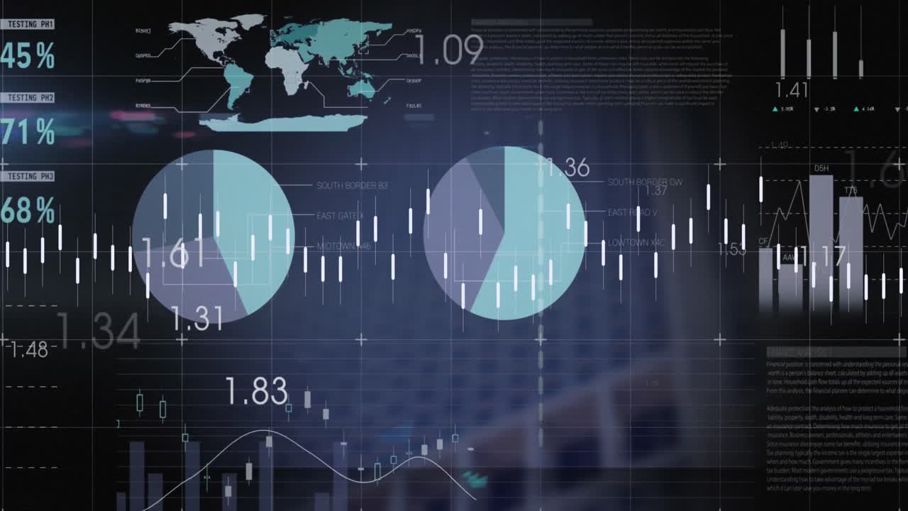 Animation of statistical data processing over grid network against tall buildings