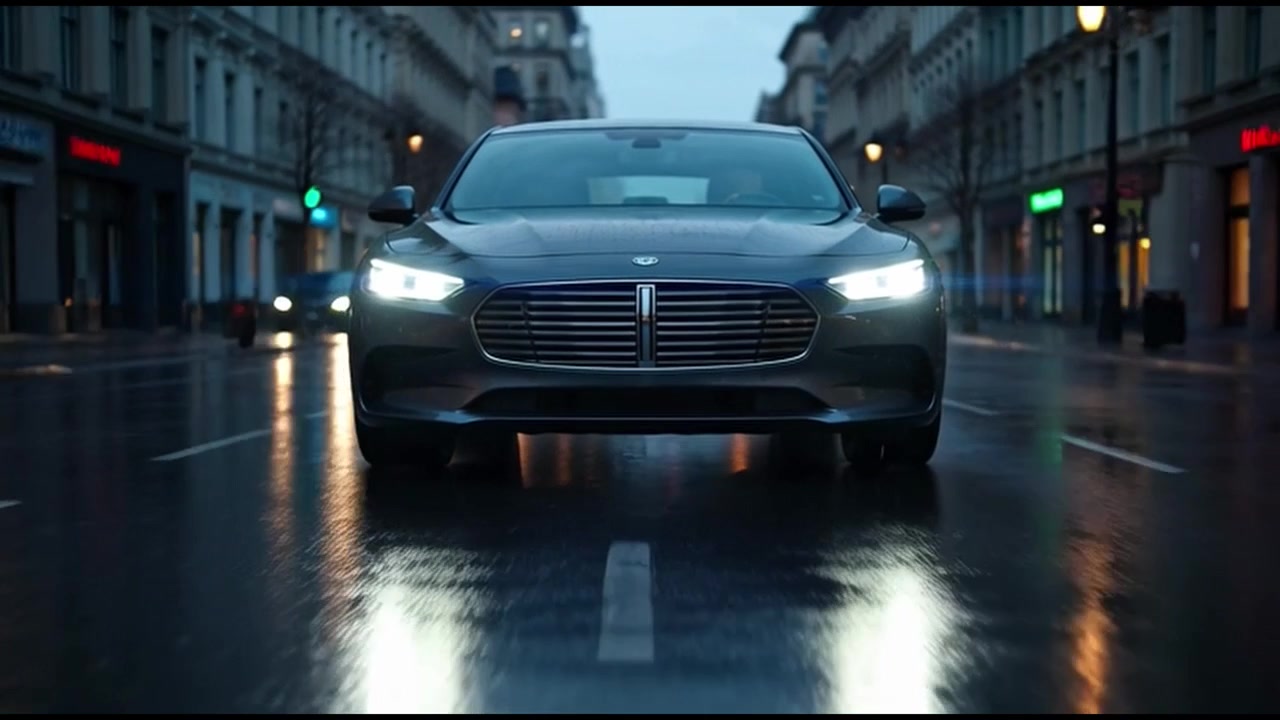 Berlina di lusso che percorre le strade cittadine al crepuscolo.