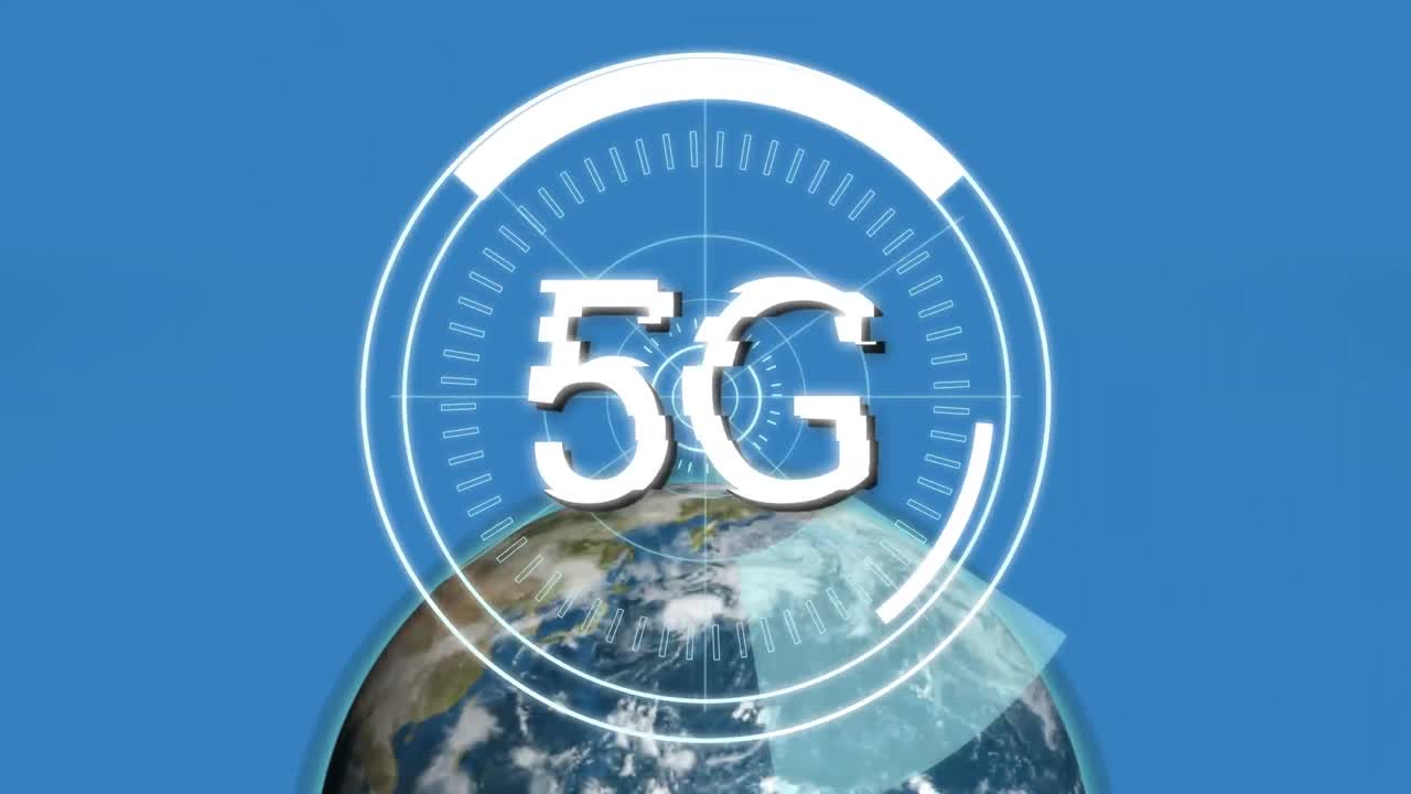 texto de 5g sobre escáneres redondos contra un globo giratorio sobre fondo azul