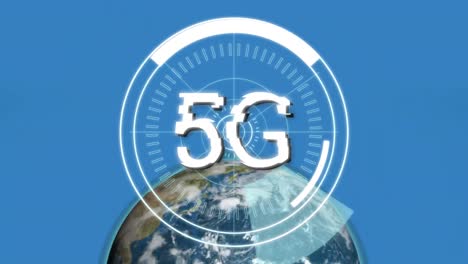 5g text over round scanners against spinning globe on blue background