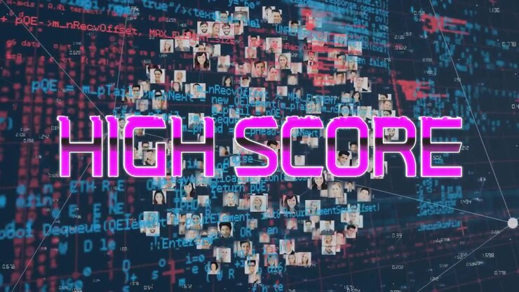 Animation of high score text over globe with photos, connections and data processing