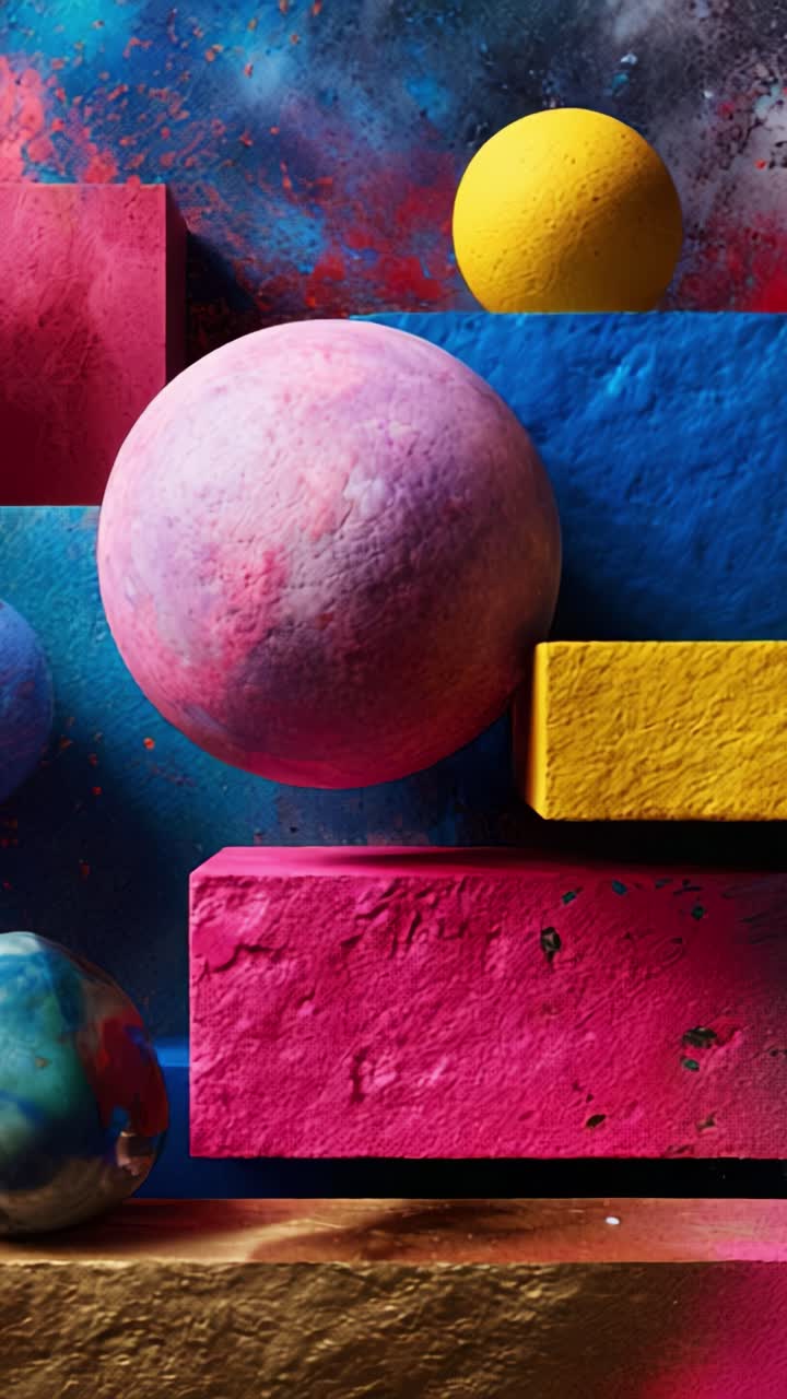 Vivace composizione astratta con sfere colorate e forme geometriche in una disposizione giocosa con texture dinamiche e una ricca palette di colori