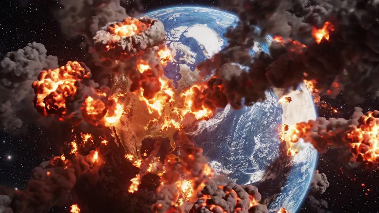 A Dramatic Representation of Global Destruction: The Earth Engulfed in Flames and Smoke, Capturing the Intense Catastrophe and Cataclysmic Events in Space