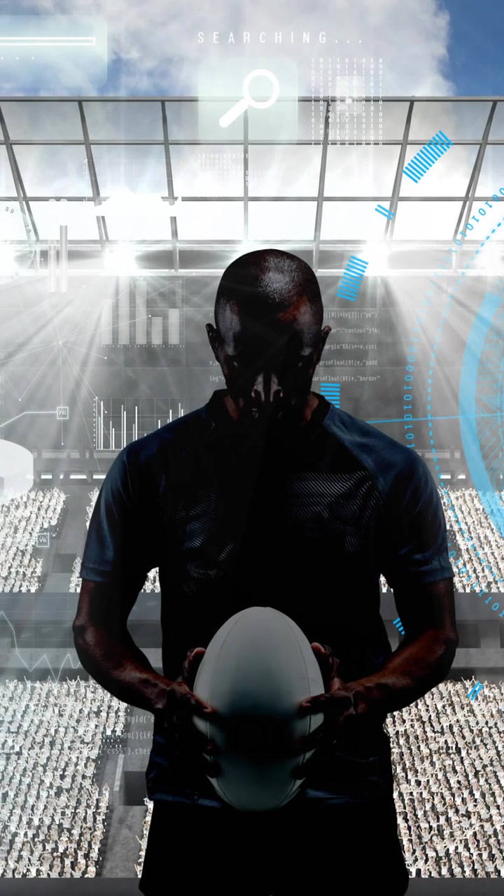 Animation of data processing and rugby player holding ball over sports stadium