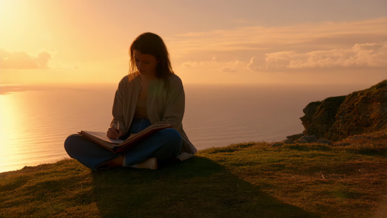 Woman reading a book on a cliff at sunset