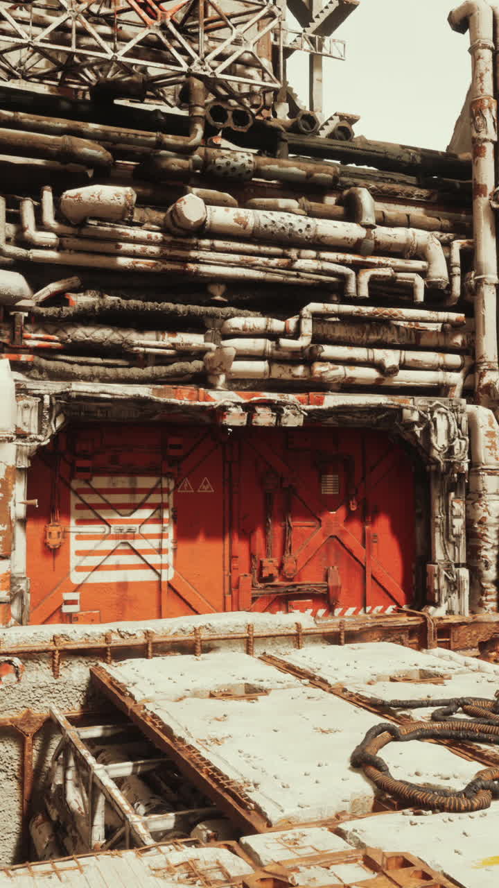 파이프와 빨간 문으로 된 녹은 산업 구조물