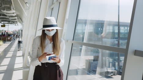 woman at airport terminal wearing protective mask