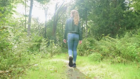 view from low behind girl walking on nature trail in sunlight, tracking