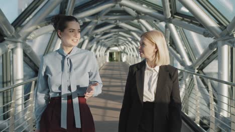 female business partners walking along glass bridge