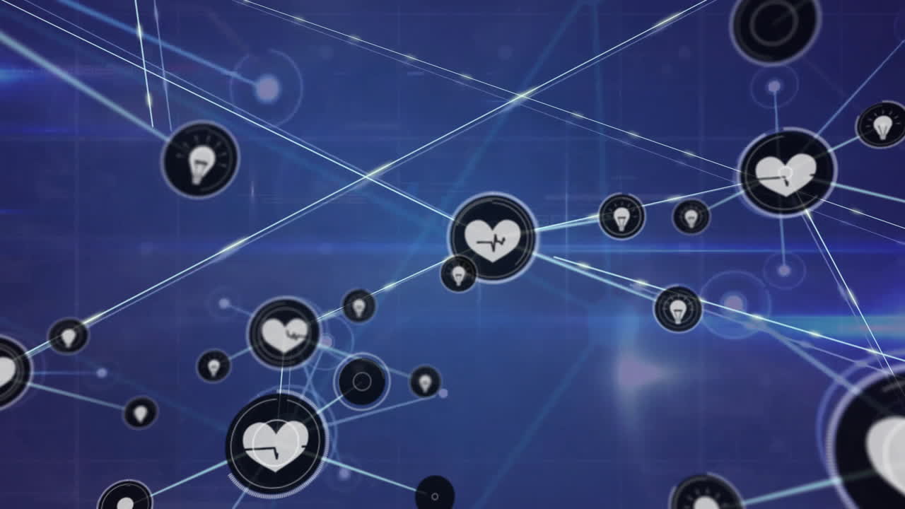 animación de la red de conexiones con iconos y procesamiento de datos sobre fondo azul