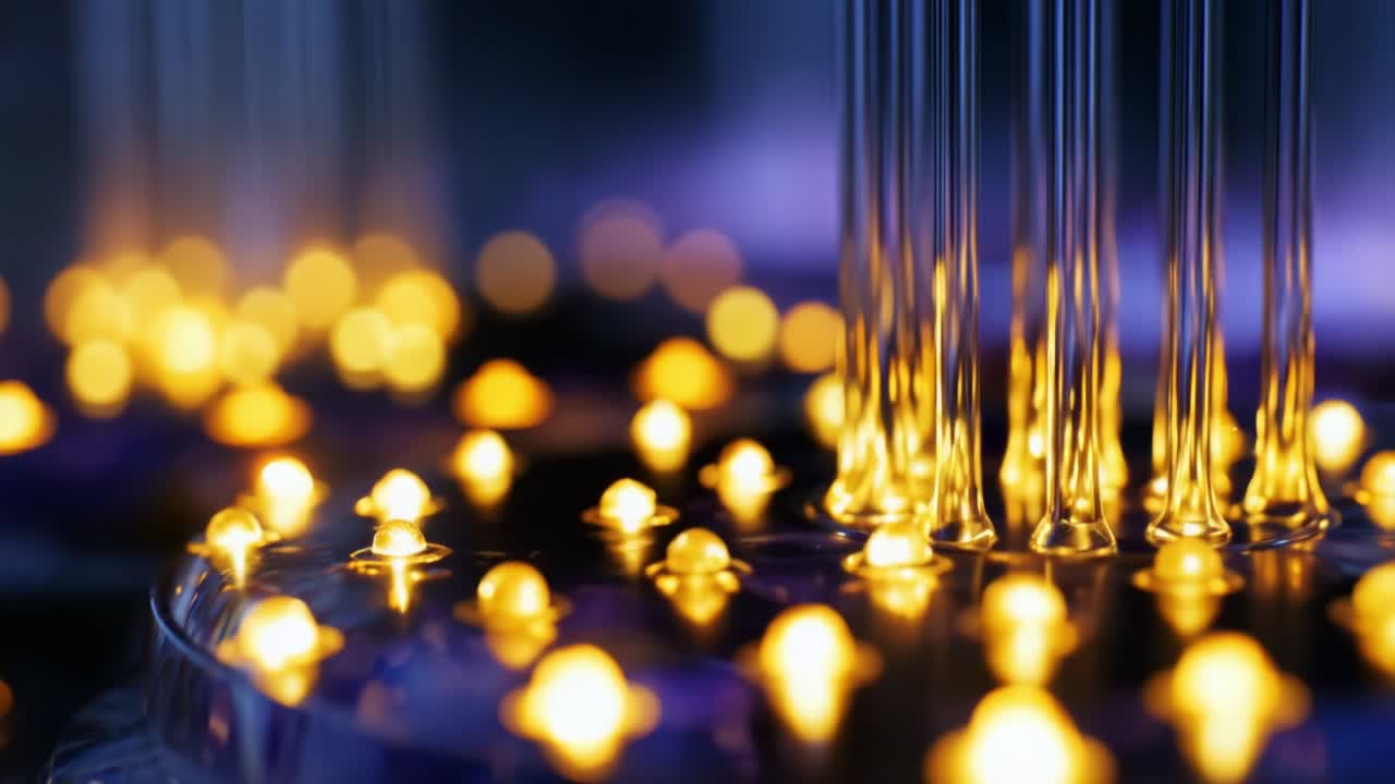 An Enchanting Display of Water and Light: Capturing the Transformation from Blue to Golden Hues in a Fluidic Environment with the Dance of Droplets and Twinkling Lights in a Mystical Setting