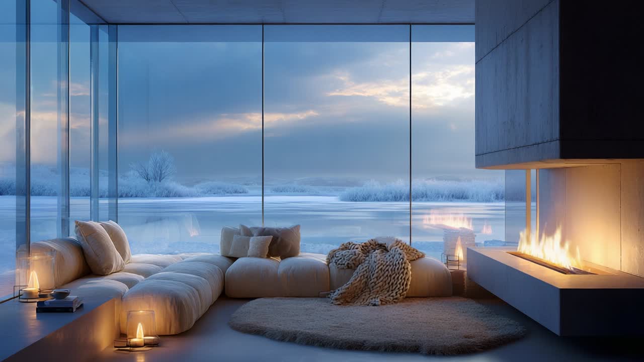 A Serene Winter Retreat: Cozy Interior with Floor-to-Ceiling Windows Overlooking a Frosty Landscape, Featuring a Warm Fireplace and Plush Furnishings for Ultimate Comfort and Relaxation