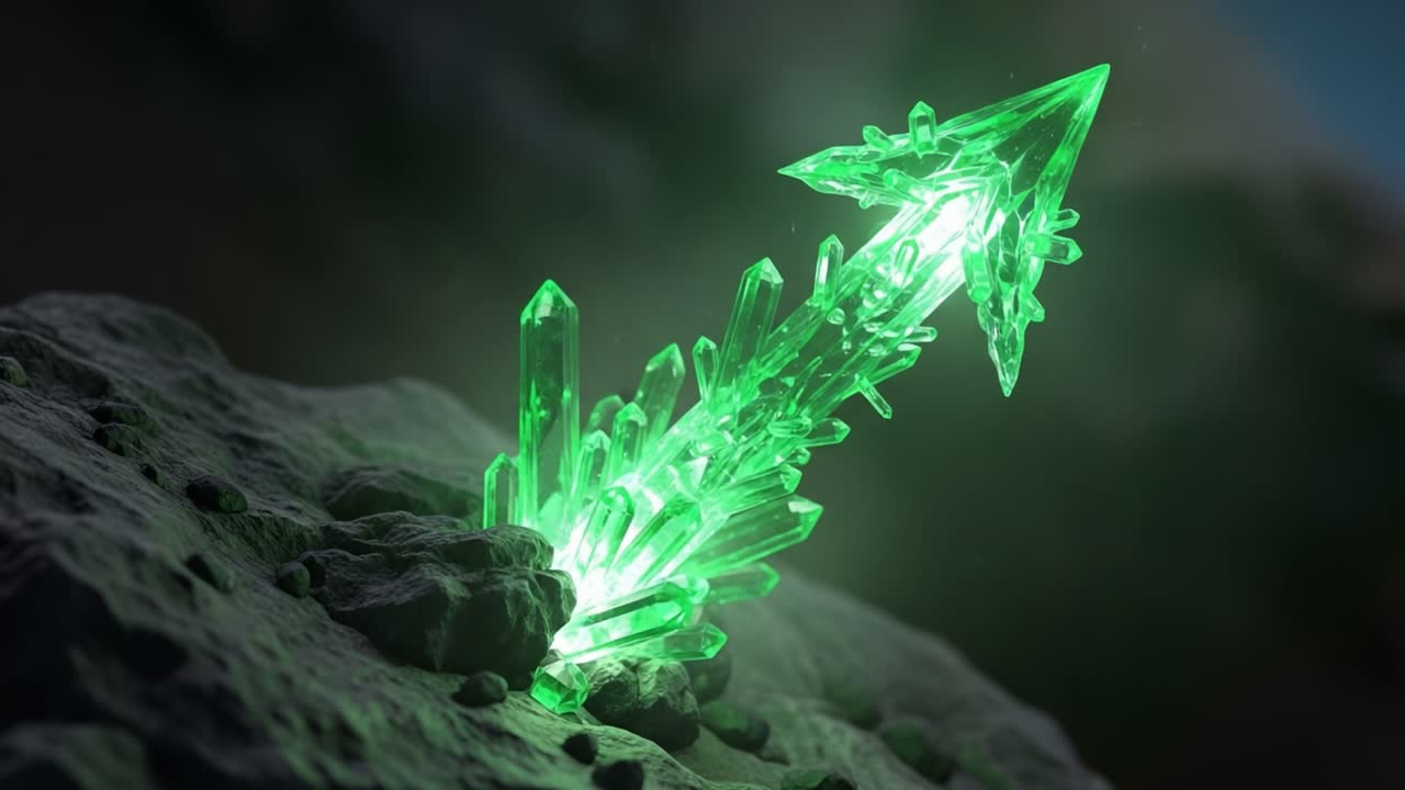 A Stunning Visual of a Luminous Green Crystal Arrow Emerging from Rocky Terrain, Capturing the Essence of Magic and Nature in a Vibrant Display