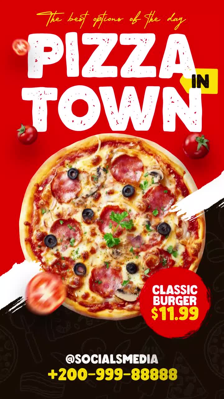 Animeret Pizzaannonce med Særtilbud og Kontaktoplysninger