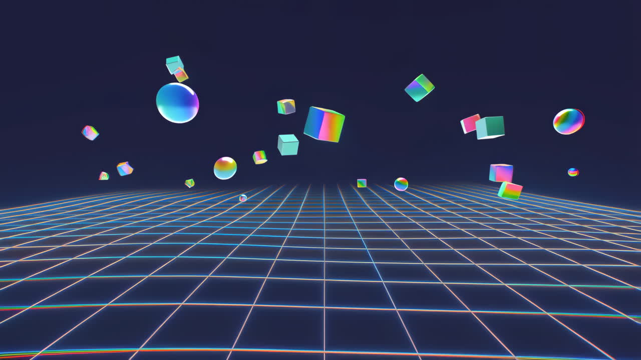 Abstract retro geometric scene with grid and floating shapes