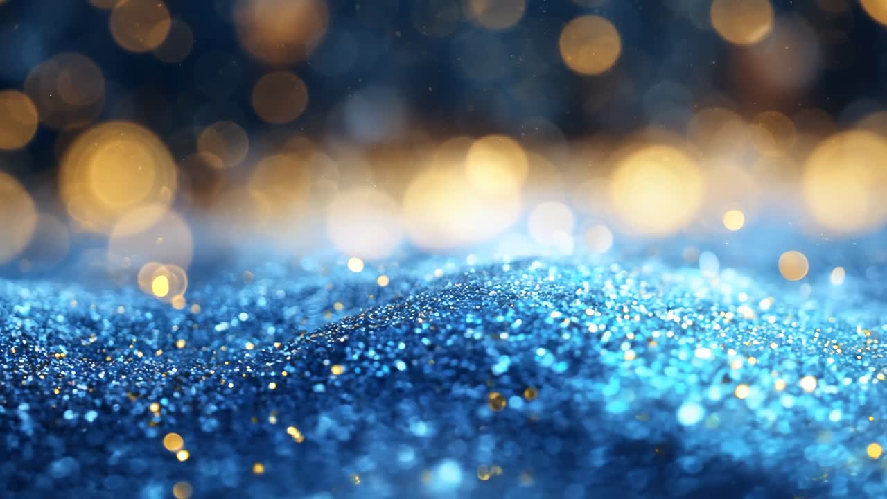 The sky is a beautiful shade of blue with a lot of snow falling from it. The snow is white and the lights are bright, creating a magical and serene atmosphere
