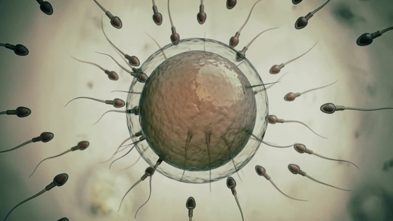 Spermatozoi che si avvicinano e fecondano un ovulo