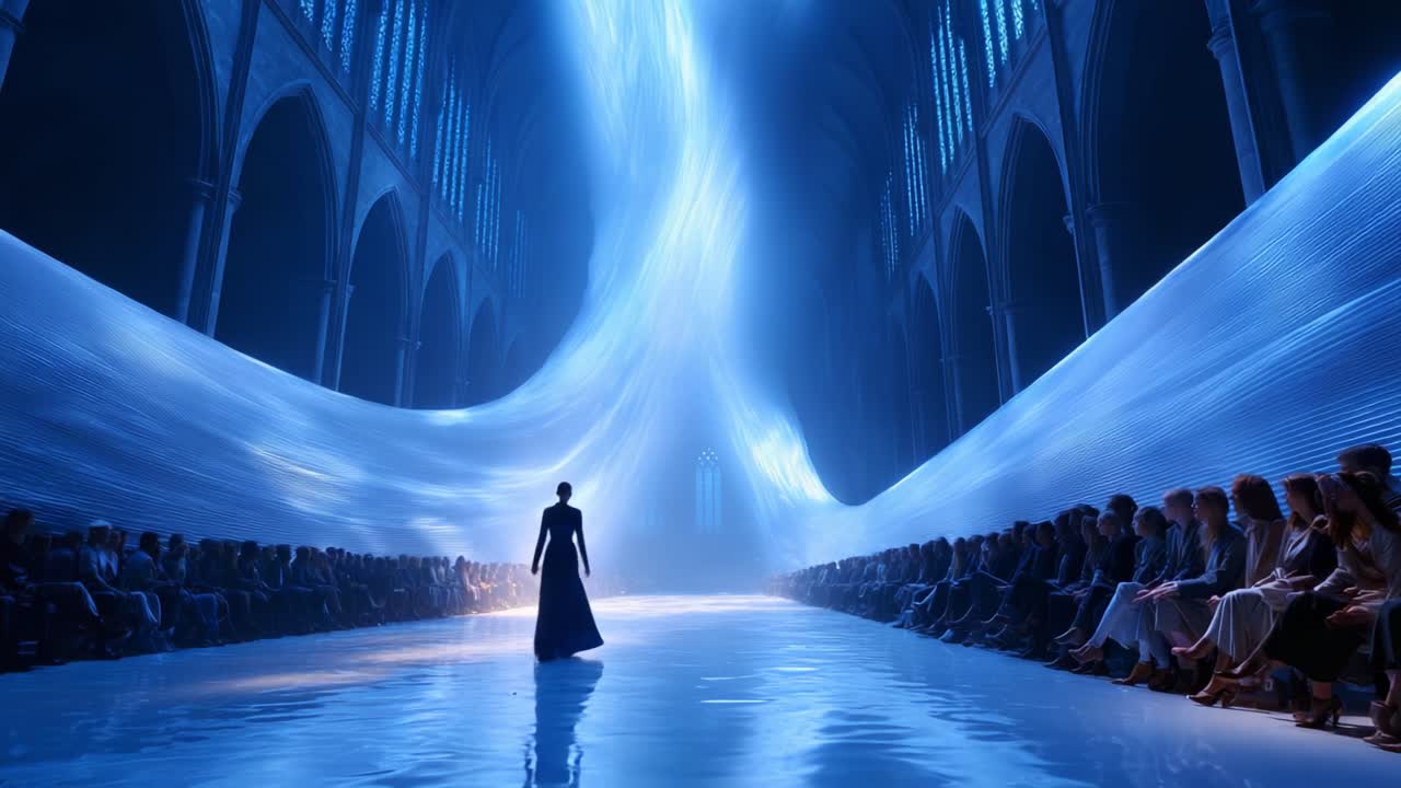 A breathtaking fashion showcase unfolds in a surreal setting, where a figure stands on reflective surfaces surrounded by an ethereal blue light, illuminating the grandeur of an expansive venue filled with spectators