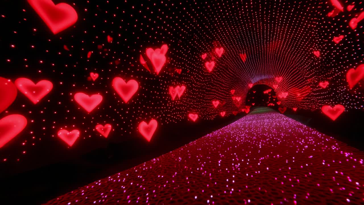 A mesmerizing visual journey through a vibrant tunnel illuminated by shimmering red hearts, creating an enchanting atmosphere that captivates the viewer's imagination with a swirling display of love and light