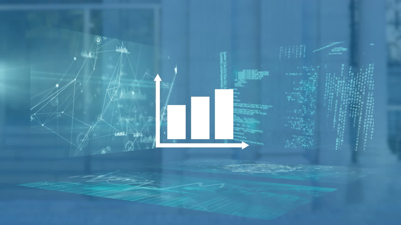 animación del icono del gráfico sobre puntos conectados, globo y lenguaje informático contra un fondo abstracto.