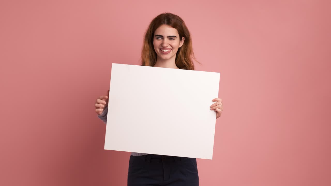 Happy young woman gesturing at white blank sheet