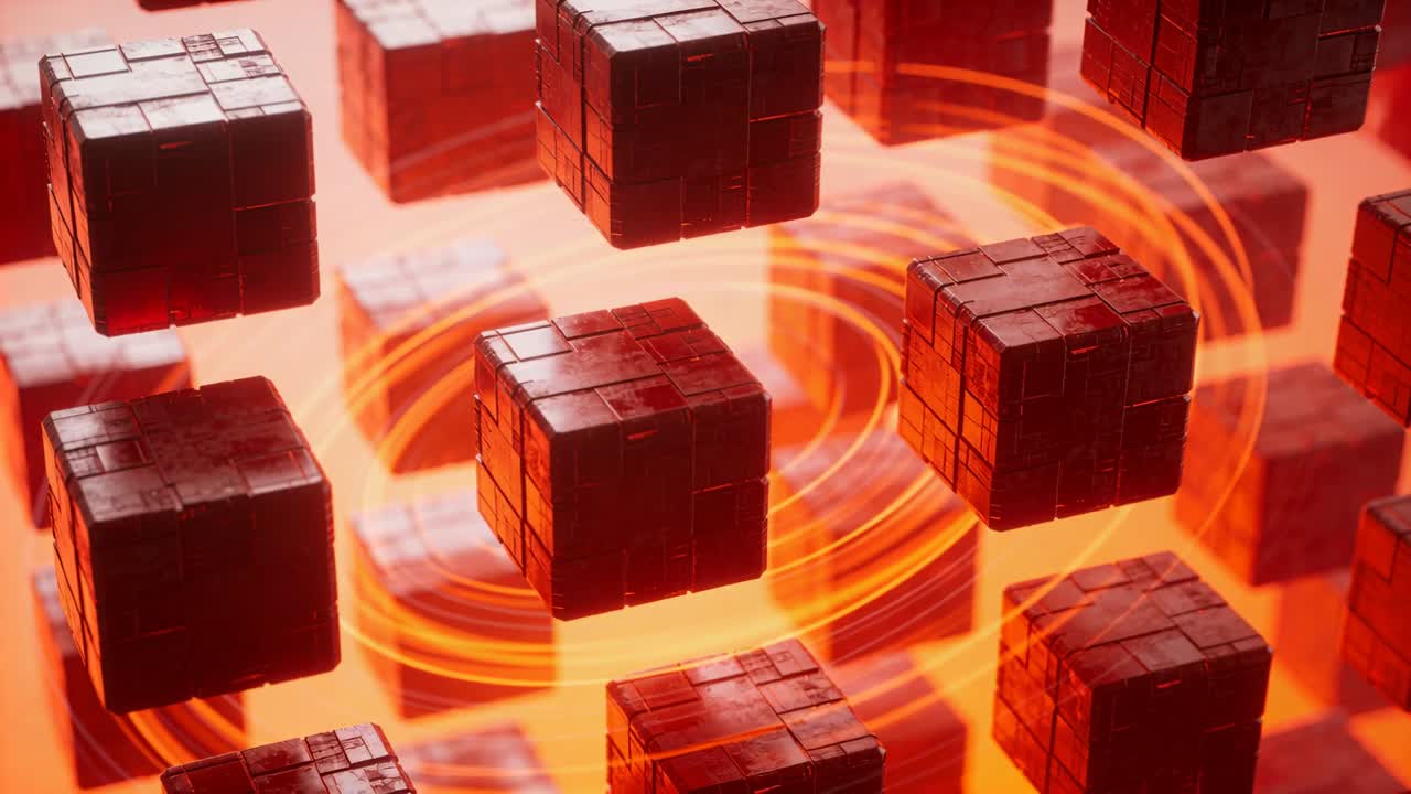 Griglia di cubi che fluttua vicino a un nucleo luminoso, attivando anelli a spirale e proiettando un bagliore tra i cubi, per una demo tecnologica.