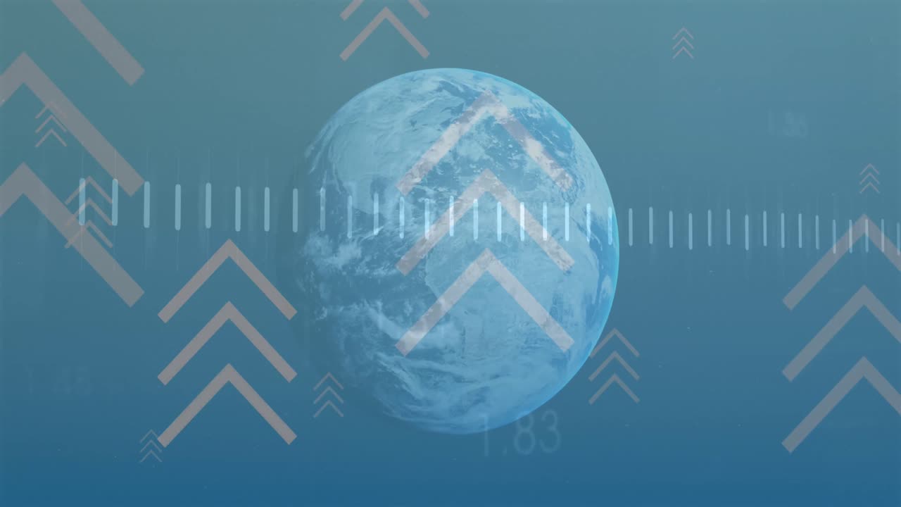 금융 데이터 처리의 애니메이션과 파란색 배경에 전 세계에 대한 화살표