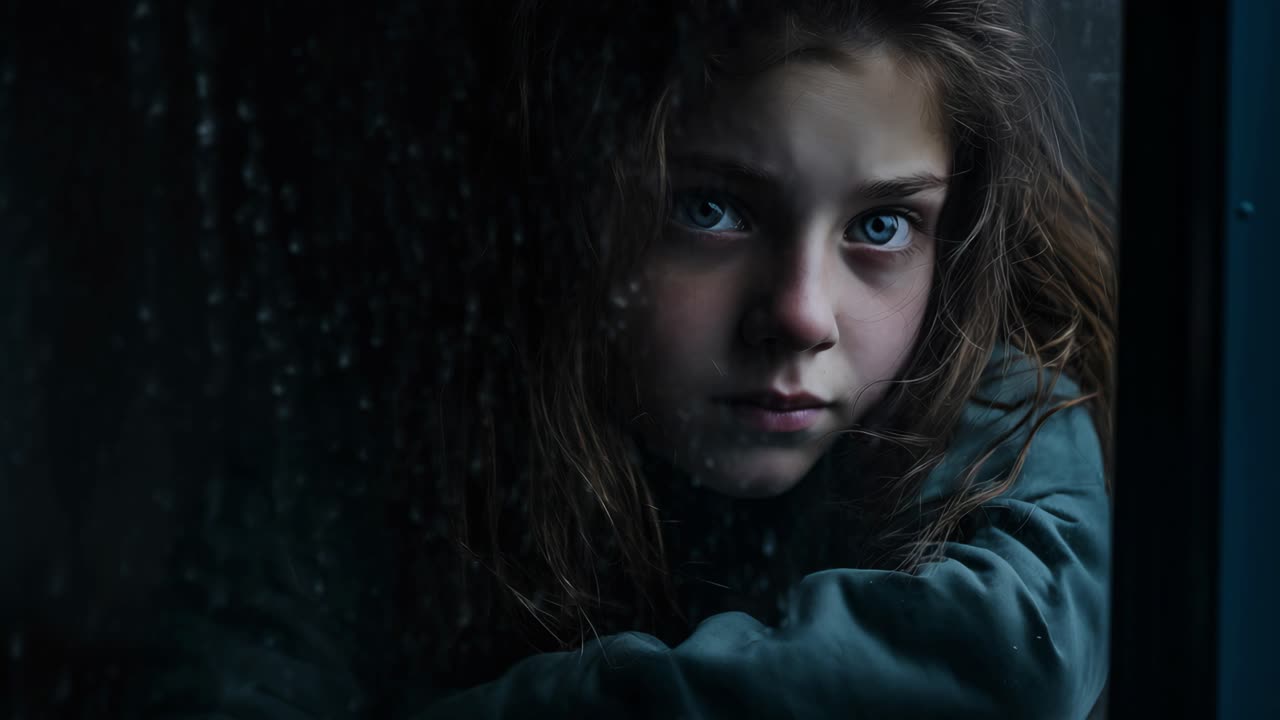 Sad young girl gazing through a rainy window during a storm, capturing a dramatic portrait of a child with blue eyes, expressing feelings of loneliness and abandonment