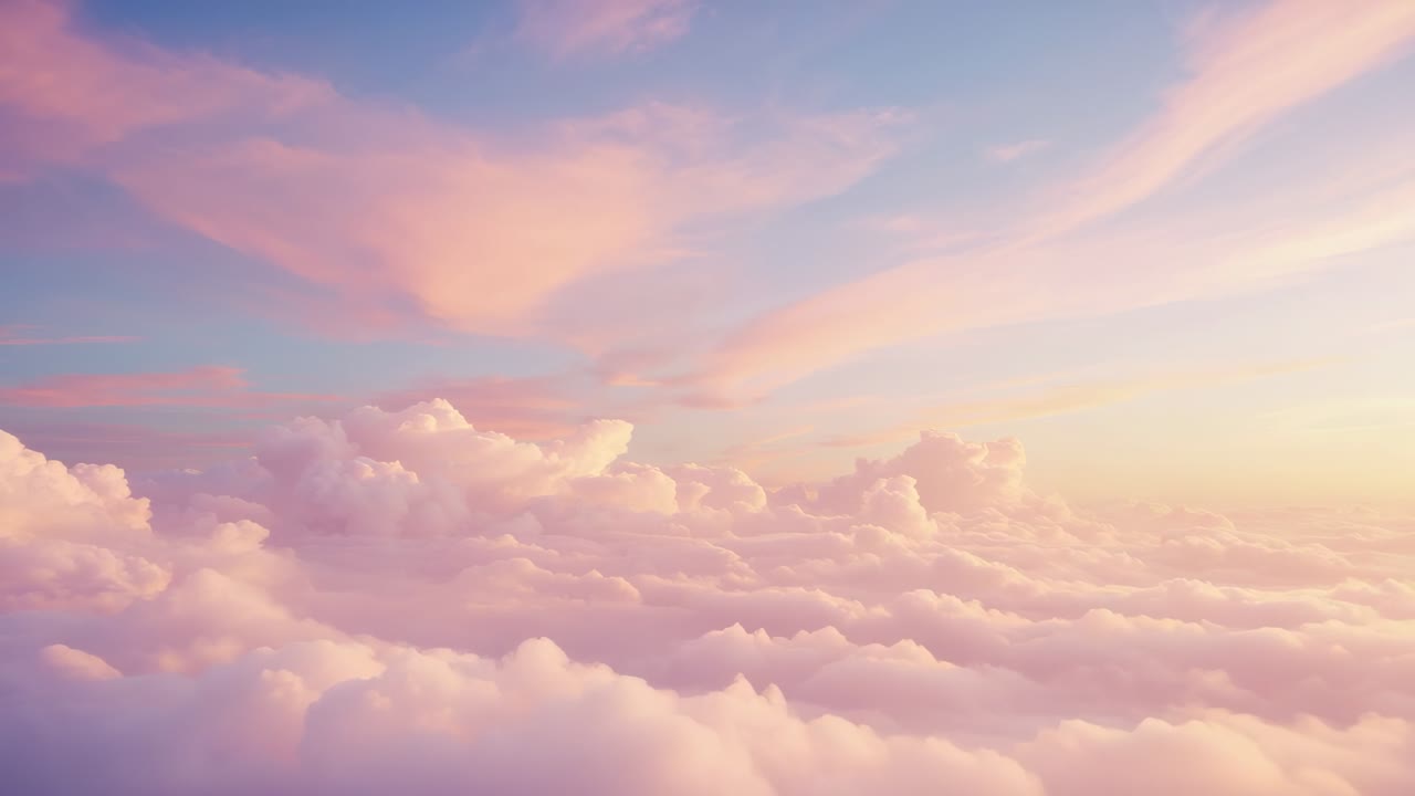 Camera ascending above fluffy clouds and sky in pastel sunrise light, revealing shifting patterns