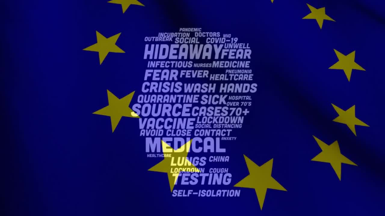 células de covid-19 y mujer con mascarilla frente a nosotros ondeando la bandera textos de concepto de covid-19 formando una f