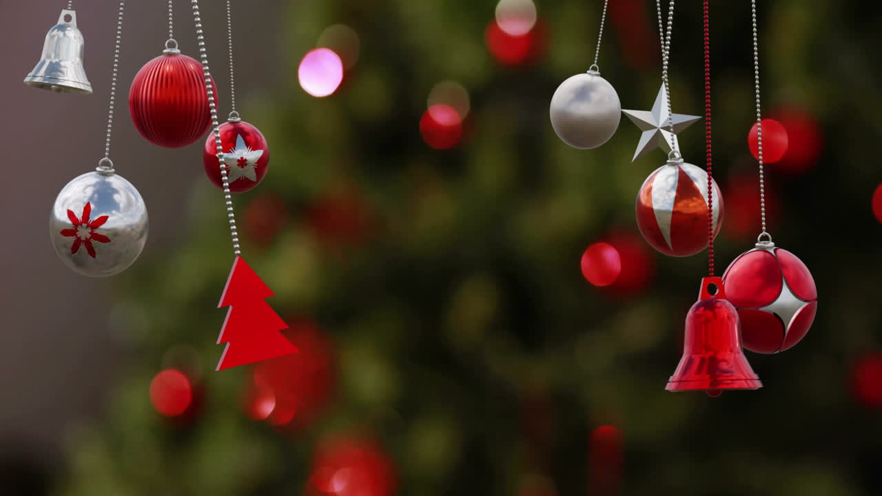 Animation of christmas baubles decorations over christmas tree