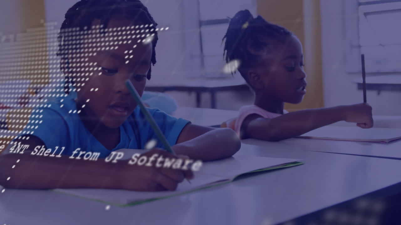 Children writing in classroom with digital data processing animation over them