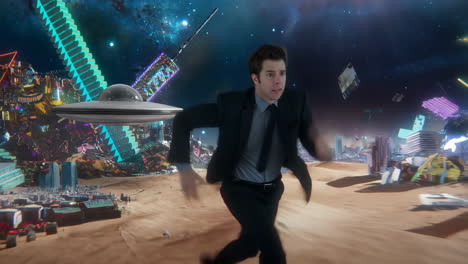 man running through a surreal sci-fi desert city with a ufo
