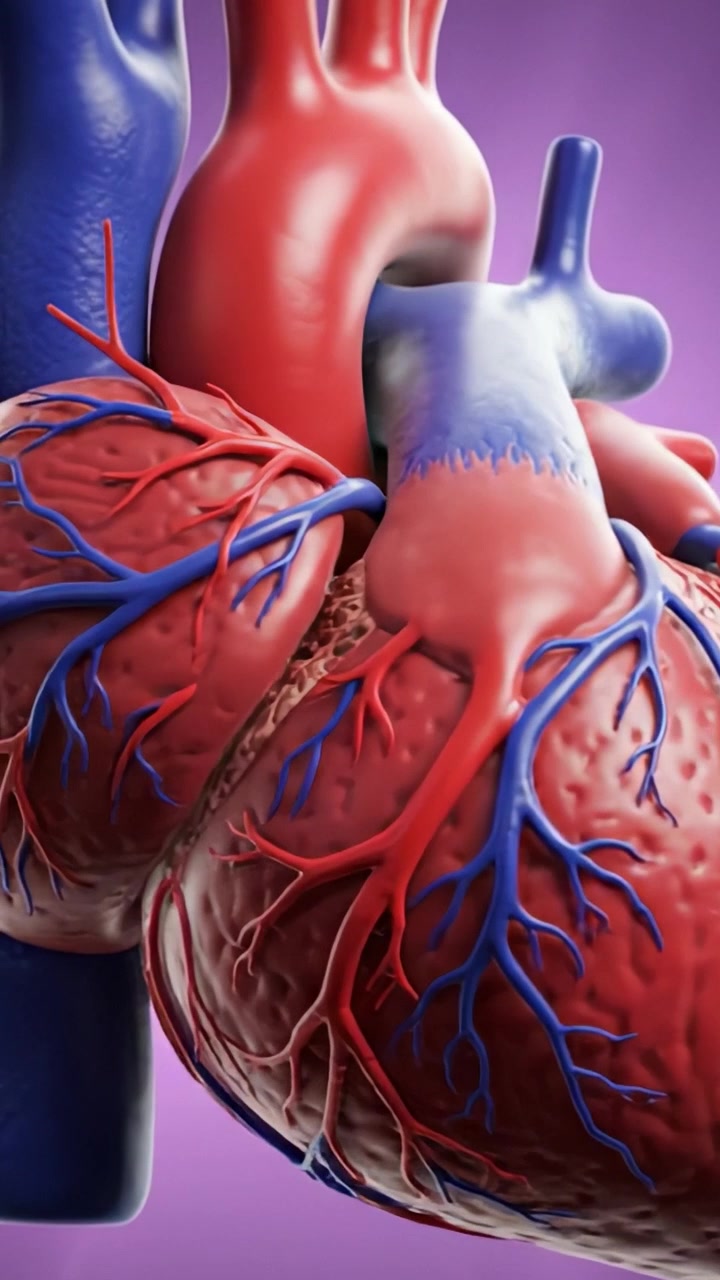 Detailed 3D Visualization of the Human Heart Highlighting Key Vascular Structures and Anatomical Features in a Vibrant Color Palette