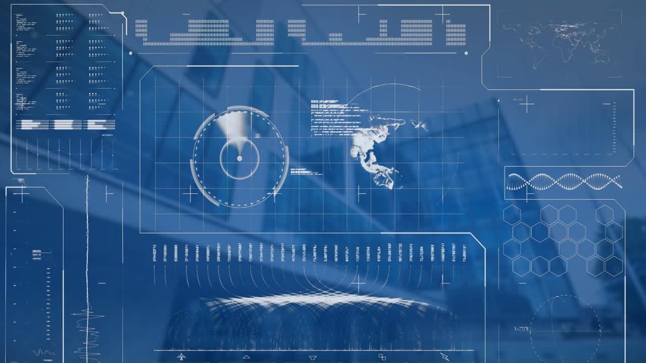 지구, 레이더, 로딩 바 및 dna 헬릭스의 애니메이션, 현대 건물의 낮은 각도 뷰